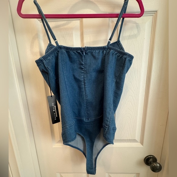 NWT Blue Denim Bodysuit with Beaded Detail - Picture 5 of 8